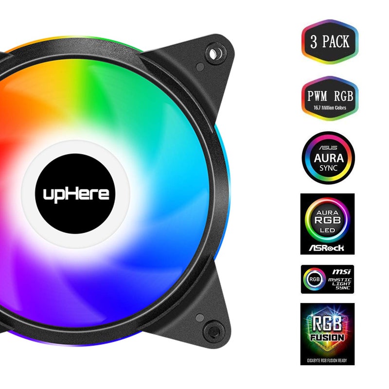 upHere 5V 3-Pack 120mm Silent PWM Intelligent Control 5V Addressable RGB Fan Motherboard Sync, Adjustable Colorful Fans with Controller T7SYC7-3 - Image 2